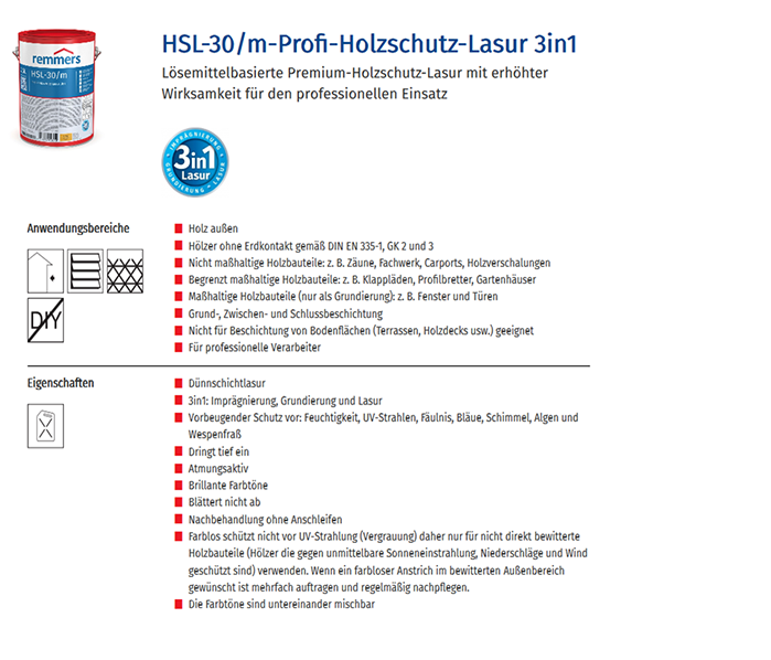 Remmers HSL-30/m Profi Holzschutz Lasur 3in1